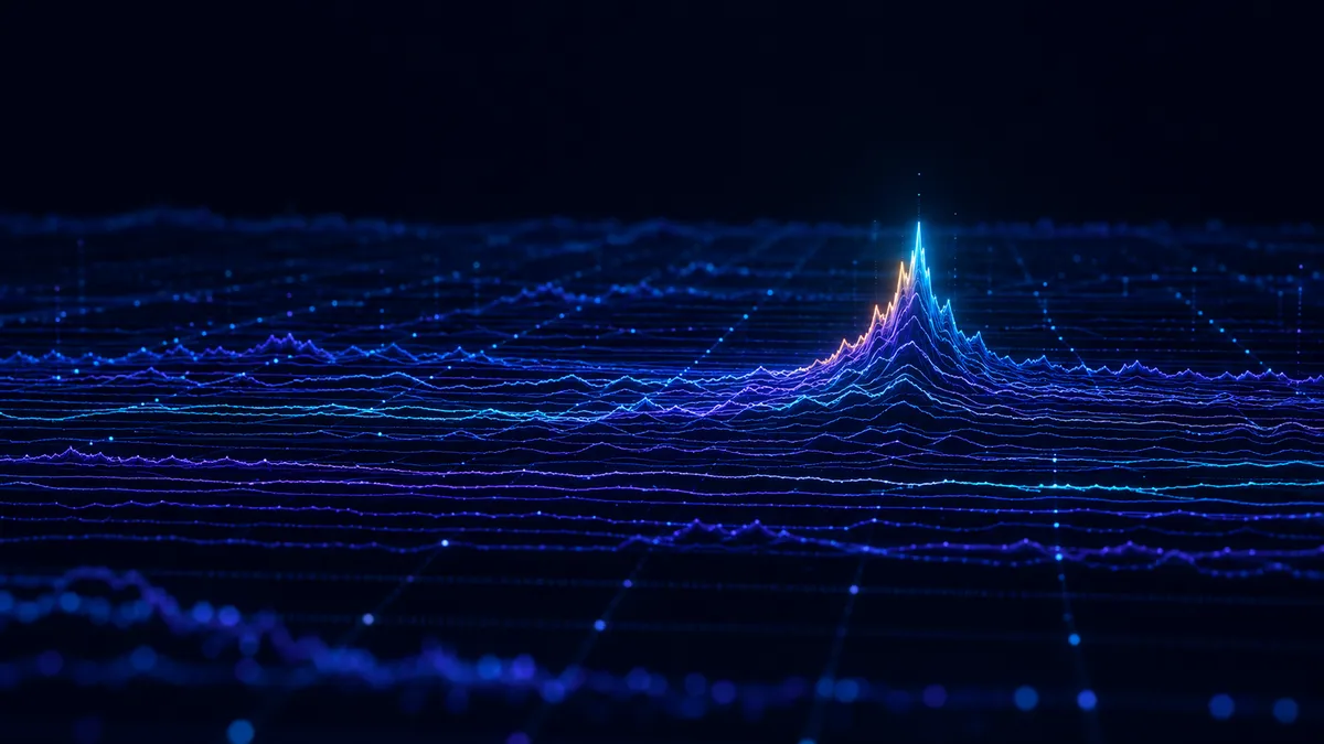 Abstract visual of a landscape of thin time-series lines with a single luminous early-warning pulse